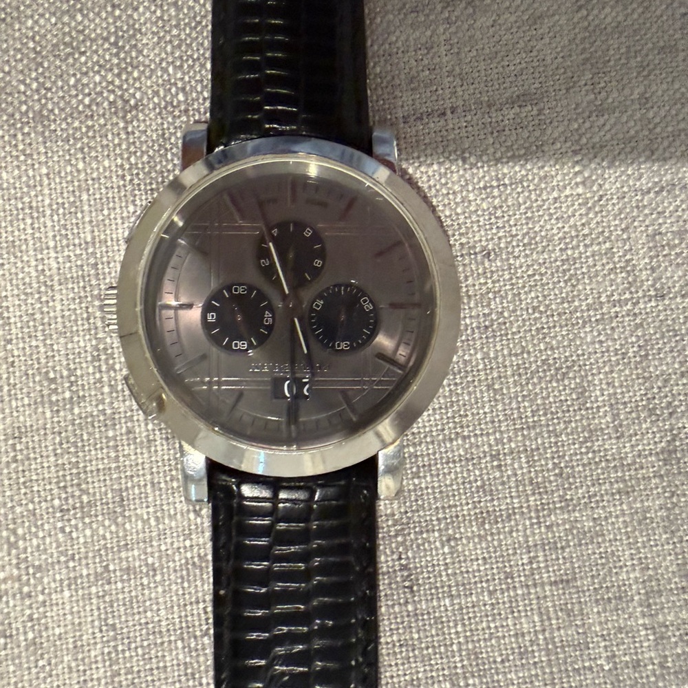 Burberry Silver and Black Leather Strap Watch